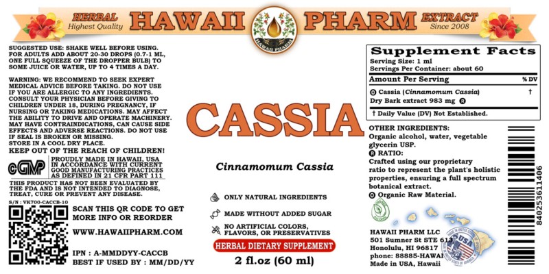 label of Cassia (<i>Cinnamomum Cassia</i>) Dry Bark Tincture