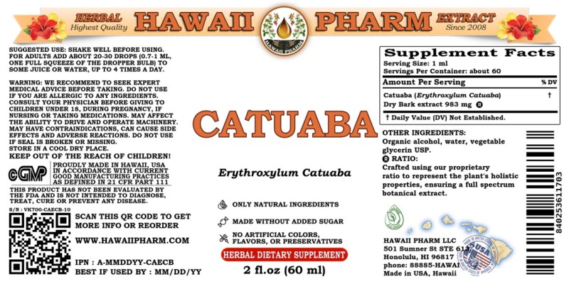 label of Catuaba (<i>Erythroxylum Catuaba</i>) Dry Bark Tincture