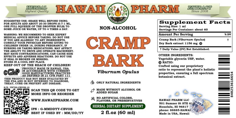 label of Cramp Bark (<i>Viburnum Opulus</i>) Dry Bark Glycerite