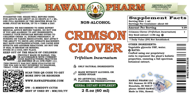 label of Crimson Clover (<i>Trifolium Incarnatum</i>) Dry Seed Glycerite