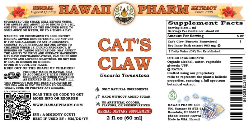 label of Cat's Claw (<i>Uncaria Tomentosa</i>) Dry Inner Bark Tincture