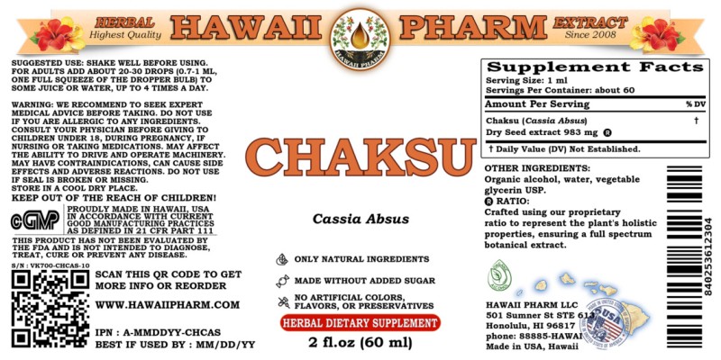 label of Chaksu (<i>Cassia Absus</i>) Dry Seed Tincture
