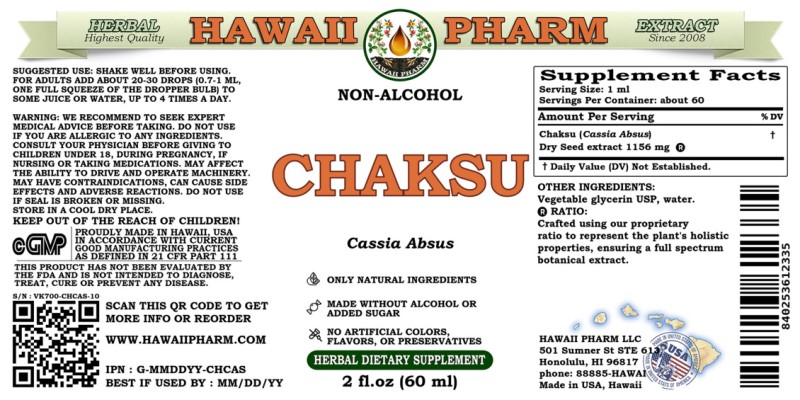 label of Chaksu (<i>Cassia Absus</i>) Dry Seed Glycerite