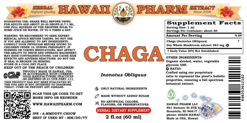 label of Chaga (<i>Inonotus Obliquus</i>) Dry Whole Mushroom Tincture