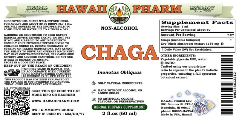 label of Chaga (<i>Inonotus Obliquus</i>) Dry Whole Mushroom Glycerite