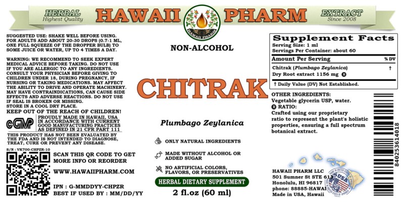 label of Chitrak (<i>Plumbago Zeylanica</i>) Dry Root Glycerite