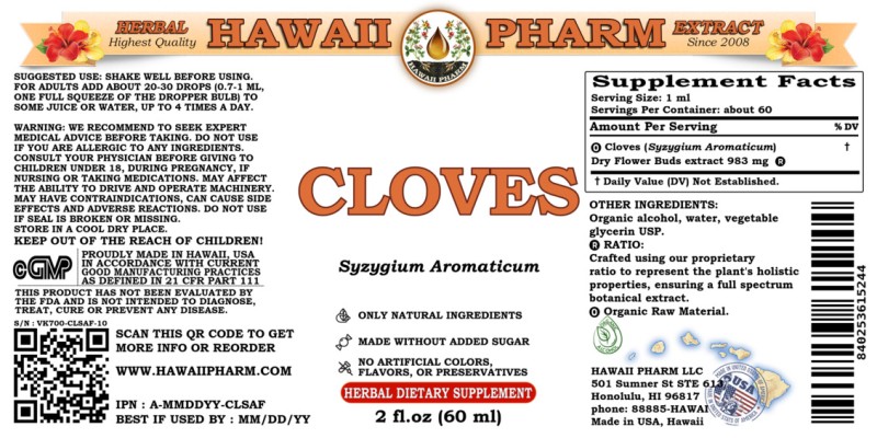 label of Cloves (<i>Syzygium Aromaticum</i>) Dry Flower Buds Tincture