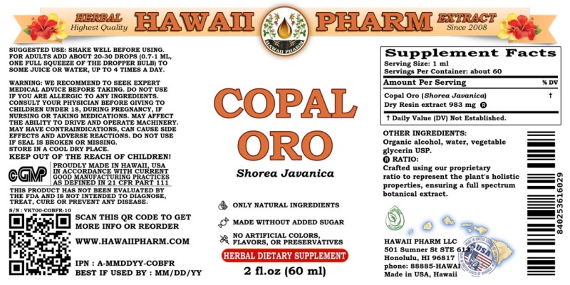 label of Copal Oro (<i>Shorea Javanica</i>) Dry Pieces Tincture