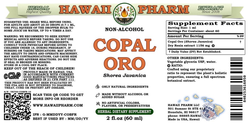 label of Copal Oro (<i>Shorea Javanica</i>) Dry Resin Glycerite