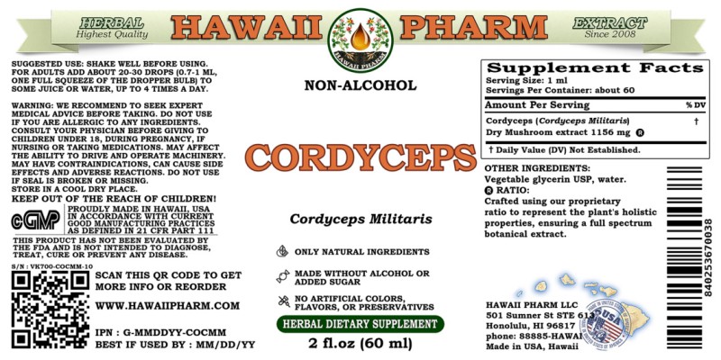 label of Cordyceps (<i>Cordyceps Militaris</i>) Dry Mushroom Glycerite