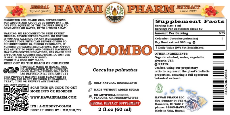 label of Colombo (<i>Cocculus palmatus</i>) Dry Root Tincture
