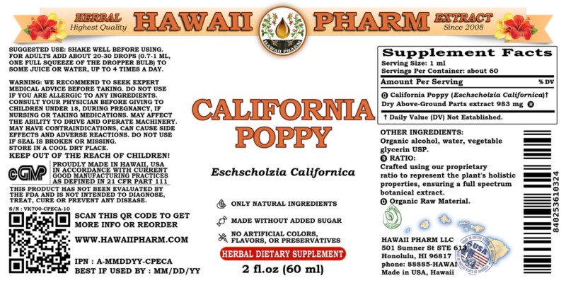 label of California Poppy (<i>Eschscholzia Californica</i>) Dry Aerial Parts Tincture