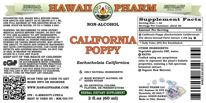 label of California Poppy (<i>Eschscholzia Californica</i>) Dry Aerial Parts Glycerite