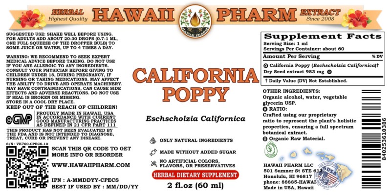label of California Poppy (<i>Eschscholzia Californica</i>) Dry Seed Tincture