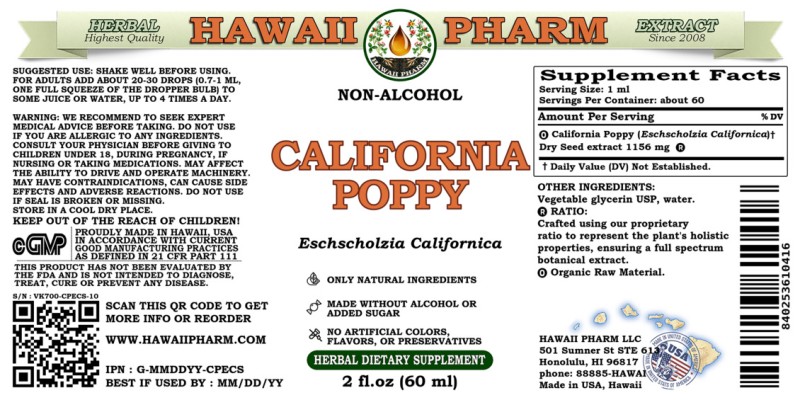 label of California Poppy (<i>Eschscholzia Californica</i>) Dry Seed Glycerite