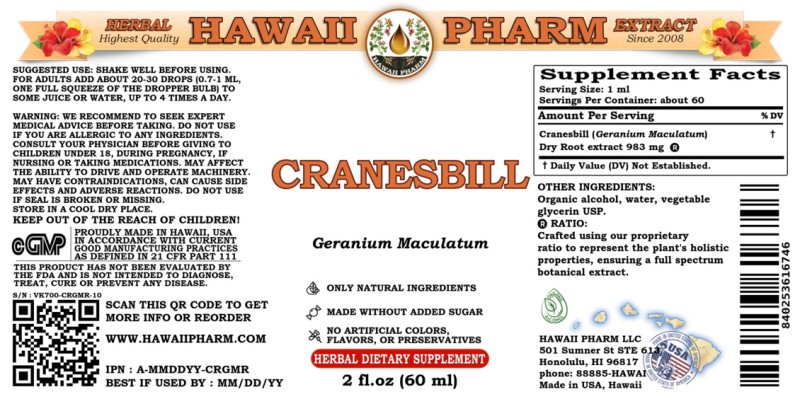 label of Cranesbill (<i>Geranium Maculatum</i>) Dry Root Tincture