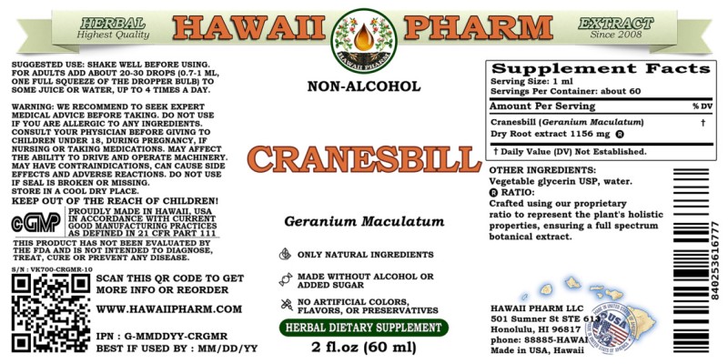 label of Cranesbill (<i>Geranium Maculatum</i>) Dry Root Glycerite