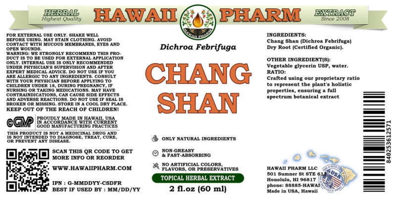 label of Chang Shan (<i>Dichroa Febrifuga</i>) Dry Root Glycerite