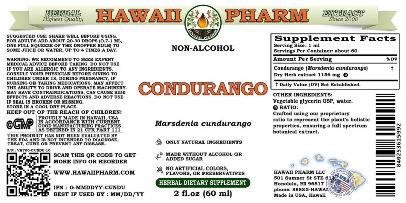 label of Condurango (<i>Marsdenia cundurango</i>) Dry Herb Glycerite