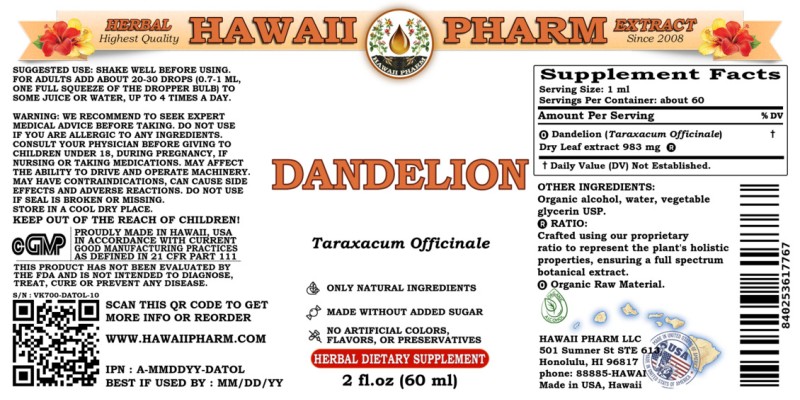 label of Dandelion (<i>Taraxacum Officinale</i>) Dry Leaf Tincture