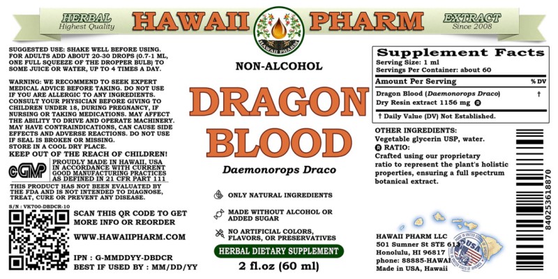 label of Dragon Blood (<i>Daemonorops Draco</i>) Dry Resin Glycerite
