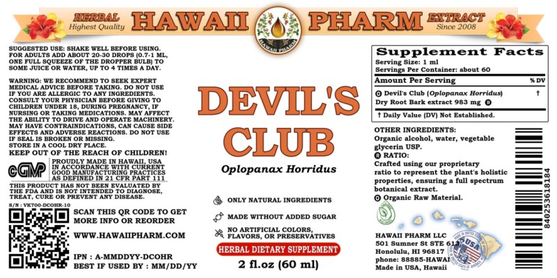 label of Devil's Club (<i>Oplopanax Horridus</i>) Dry Root Bark Tincture