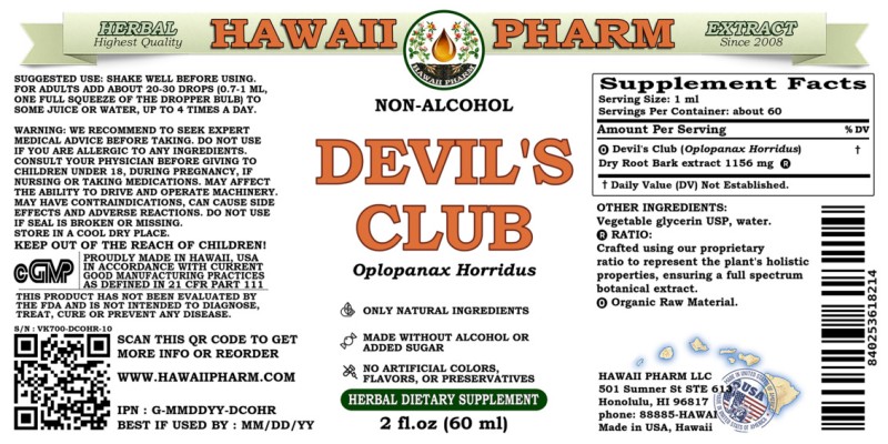 label of Devil's Club (<i>Oplopanax Horridus</i>) Dry Root Bark Glycerite