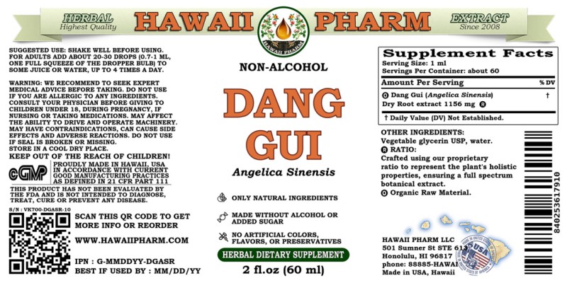 label of Dang Gui (<i>Angelica Sinensis</i>) Dry Root Glycerite