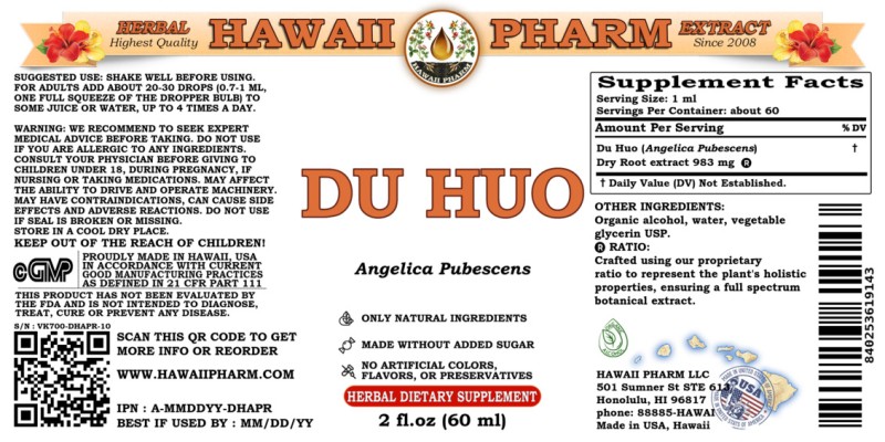 label of Du Huo (<i>Angelica Pubescens</i>) Dry Root Tincture