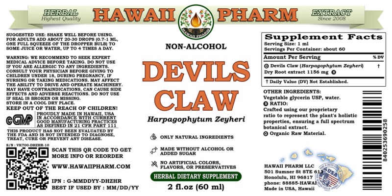label of Devil's Claw (<i>Harpagophytum Zeyheri</i>) Dry Root Glycerite