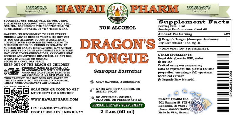 label of Dragon's Tongue (<i>Sauropus Rostratus</i>) Dry Leaf Glycerite
