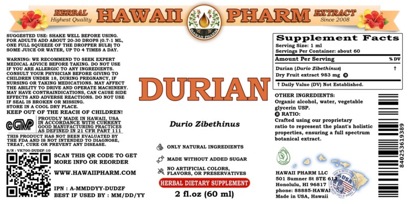 label of Durian (<i>Durio Zibethinus</i>) Dry Fruit Tincture