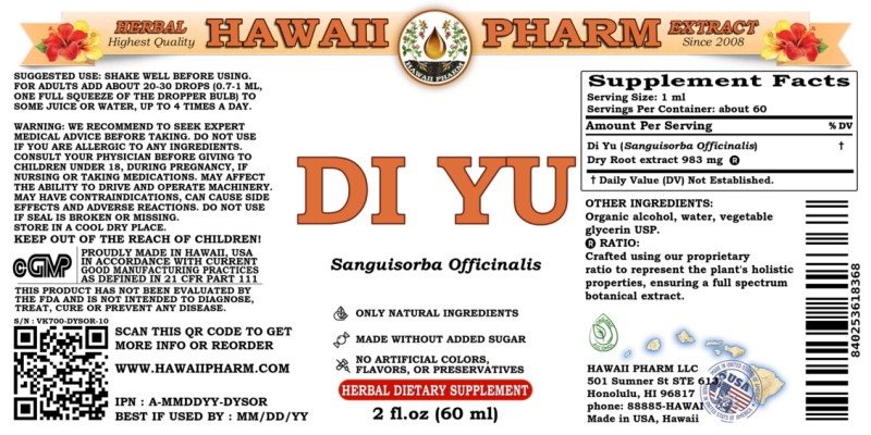 label of Di Yu (<i>Sanguisorba Officinalis</i>) Dry Root Tincture
