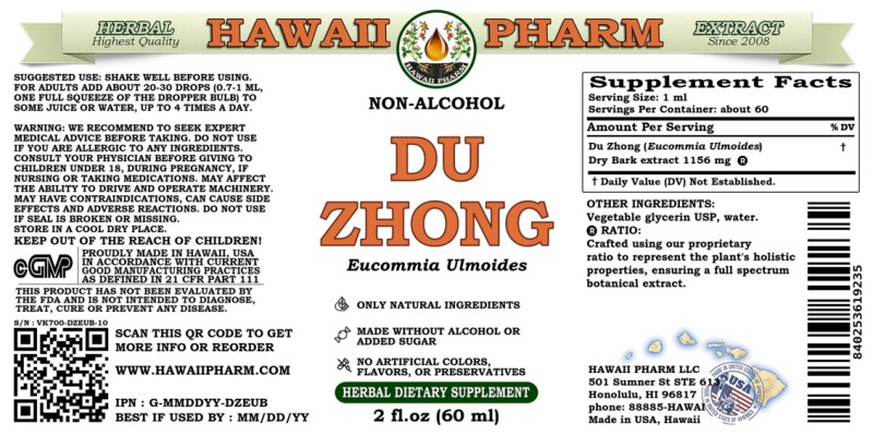 label of Du Zhong (<i>Eucommia Ulmoides</i>) Dry Bark Glycerite