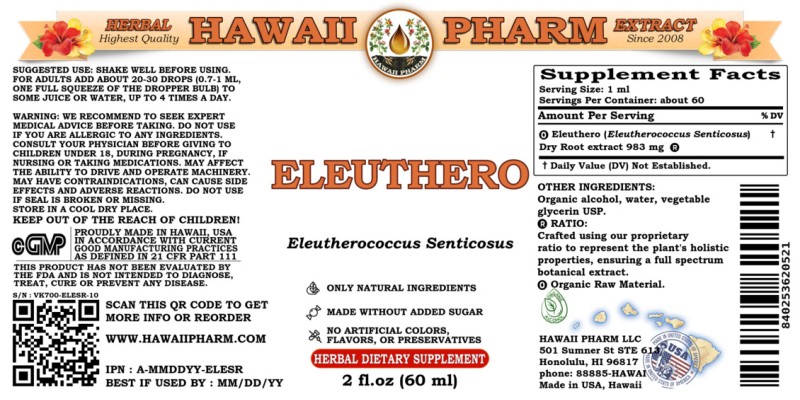 label of Eleuthero (<i>Eleutherococcus Senticosus</i>) Dry Root Tincture