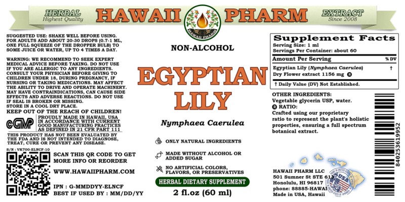 label of Egyptian Lily (<i>Nymphaea Caerulea</i>) Dry Flower Glycerite
