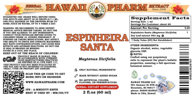 label of Espinheira Santa (<i>Maytenus Ilicifolia</i>) Dry Leaf Tincture