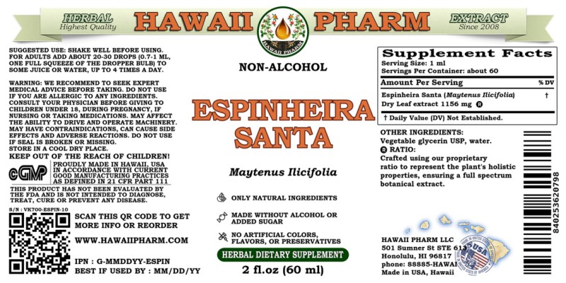 label of Espinheira Santa (<i>Maytenus Ilicifolia</i>) Dry Leaf Glycerite