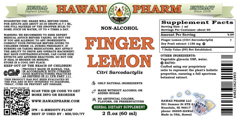 label of Finger Lemon (<i>Citri Sarcodactylis</i>) Dry Fruit Glycerite