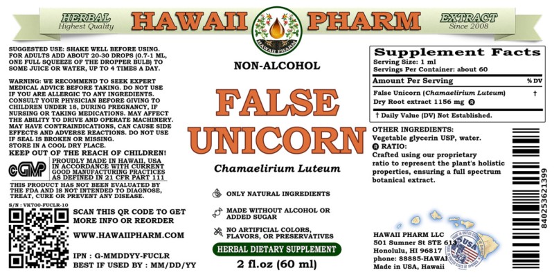 label of False Unicorn (<i>Chamaelirium Luteum</i>) Dry Root Glycerite