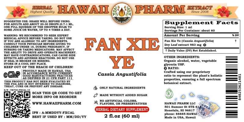 label of Fan Xie Ye (<i>Cassia Angustifolia</i>) Dry Leaf Tincture