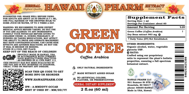 label of Green Coffee (<i>Coffea Arabica</i>) Dry Bean Tincture