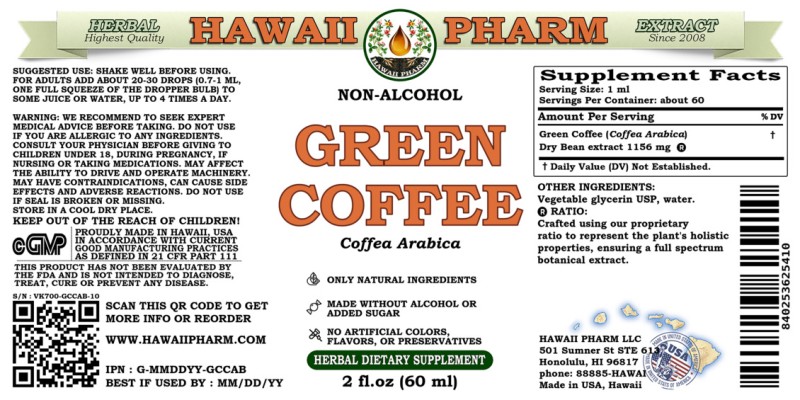label of Green Coffee (<i>Coffea Arabica</i>) Dry Bean Glycerite
