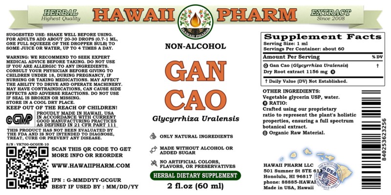 label of Gan Cao (<i>Glycyrrhiza Uralensis</i>) Dry Root Glycerite