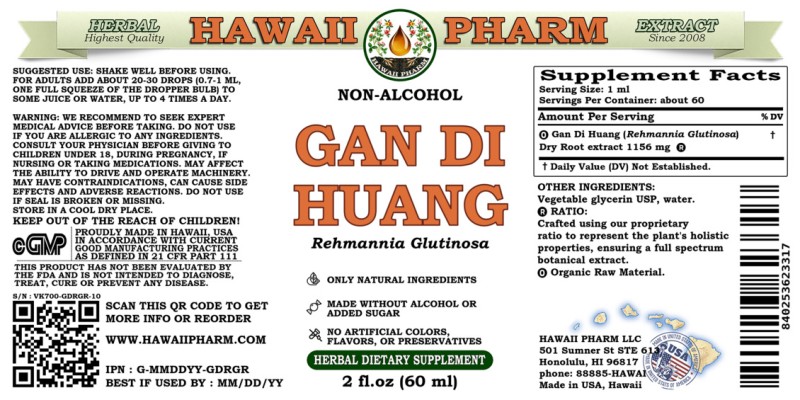 label of Gan Di Huang (<i>Rehmannia Glutinosa</i>) Dry Root Glycerite