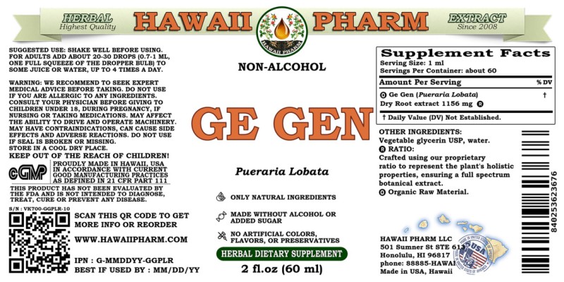 label of Ge Gen (<i>Pueraria Lobata</i>) Dry Root Glycerite