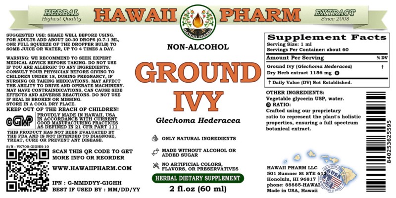 label of Ground Ivy (<i>Glechoma Hederacea</i>) Dry Herb Glycerite