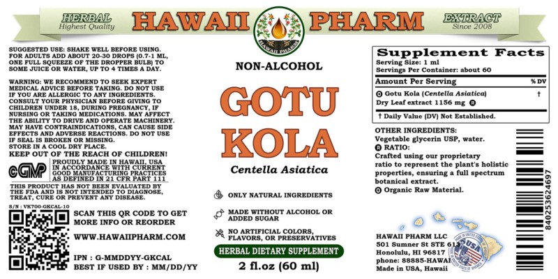 label of Gotu Kola (<i>Centella Asiatica</i>) Dry Leaf Glycerite