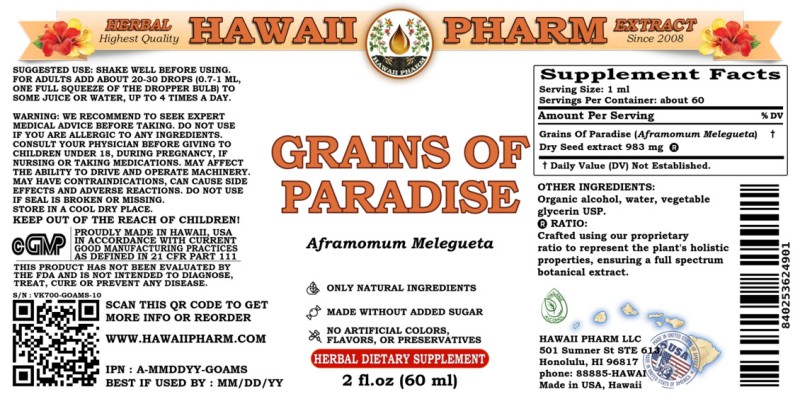 label of Grains Of Paradise (<i>Aframomum Melegueta</i>) Dry Seed Tincture
