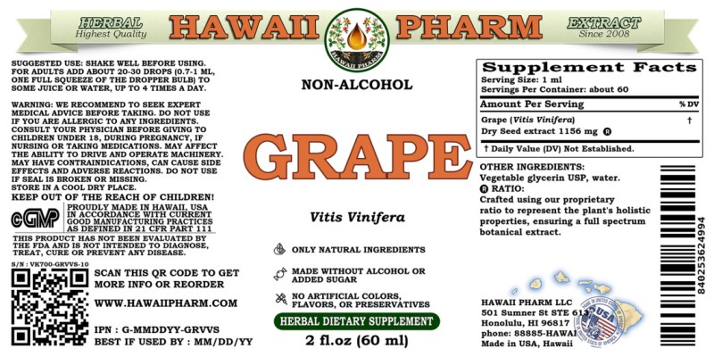 label of Grape (<i>Vitis Vinifera</i>) Dry Seed Glycerite